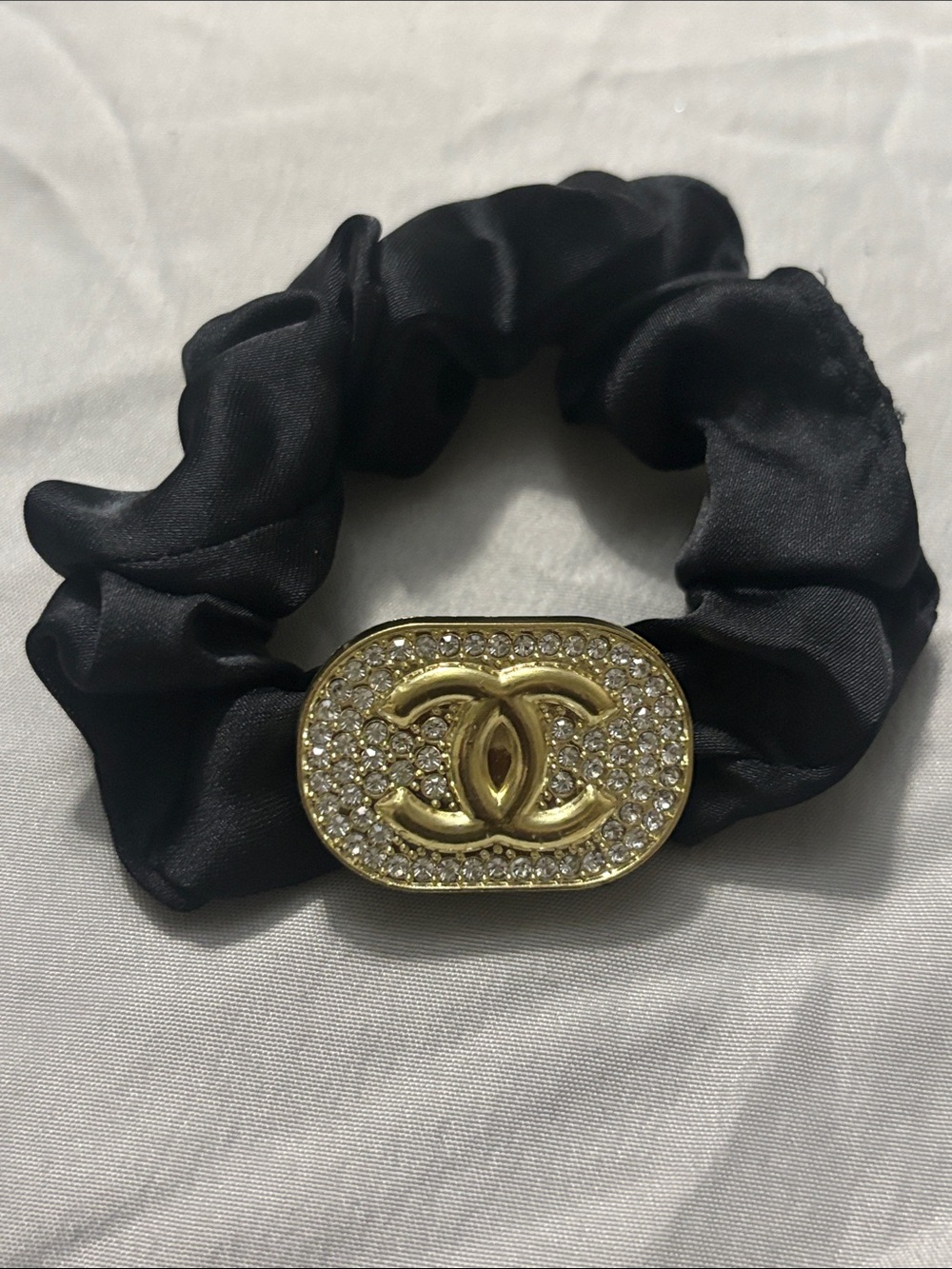 Chanel Black Satin Scrunchie with Gold Crystal Logo Accent